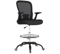 HOMCOM Silla de Dibujo ergonómica, Alta, Respaldo Mesh, Negro | Reposabrazos abatible, soporte lumbar, reposapiés ajustable, ruedas, para escritorio de pie