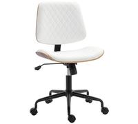 HOMCOM Silla de Escritorio sin Brazos, Silla de Oficina Giratoria, Tapizada en Cuero Sintético, con Respaldo Curvado, Asiento Forma U, Altura Ajustable, Basculante, Sillón de Maquillaje, Blanco