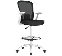 HOMCOM Silla de oficina alta ergonómica con reposabrazos abatibles, respaldo de malla, soporte lumbar, anillo de pie ajustable, ruedas giratorias, para escritorio de pie, blanco y negro