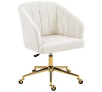 HOMCOM Silla de Oficina con Ruedas de Terciopelo con Respaldo Acolchado Altura Ajustable Espuma Alta Resiliencia Crema