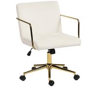 HOMCOM Silla de oficina con ruedas y acentos dorados, silla de ordenador con base metálica, tapizado efecto terciopelo, Crema blanca