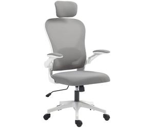 HOMCOM Silla de Oficina ejecutiva ergonómica Mesh Respaldo Alto Gris | Reposabrazos abatible, reposacabezas giratorio, soporte lumbar ajustable, para estudio en casa