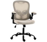 HOMCOM Silla de Oficina Ergonómica, Sillón de Malla para Oficina, Reposabrazos Abatibles, Altura Regulable, Función de Balanceo, Beige