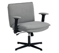 Homcom silla de oficina piernas cruzadas, silla de escritorio con reposabrazos abatible, asiento ancho de 63 cm, sin ruedas, altura ajustable, giratoria, función basculante, tapizada en lino, gris