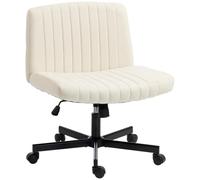 HOMCOM Silla de oficina sin brazos con ruedas, silla de escritorio de lino sintético con patas cruzadas con asiento ancho, acolchado grueso, función de roca, asiento giratorio de altura ajustable para