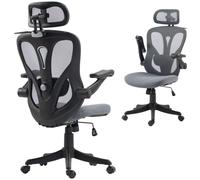 HOMCOM Silla ergonómica Oficina reposabrazos 3D reposacabezas ajust. Gris | Silla de oficina de malla basculante, altura ajustable, función de balanceo, respaldo alto, perchero, 360° giratorio.