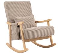 HOMCOM Silla Mecedora, Mecedora de Pana con Cojín Lumbar, Patas y Reposabrazos de Madera, Asiento Ancho, Bolsillo, Estilo Moderno, Sillón de Relax, Carga 120 kg, para Dormitorio, Salón, Marrón Claro