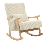 Homcom silla mecedora, mecedora de pana con cojín lumbar, patas y reposabrazos de madera, asiento ancho, bolsillo, estilo moderno, sillón de relax, carga 120 kg, para dormitorio, salón, beige