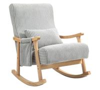 Homcom silla mecedora, mecedora de pana con cojín lumbar, patas y reposabrazos de madera, asiento ancho, bolsillo, estilo moderno, sillón de relax, carga 120 kg, para dormitorio, salón, gris