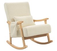 HOMCOM Sillón Balancín Beige de Pana con Cojín Lumbar Patas y Reposabrazos de Madera de Caucho Mecedora con Bolsillo 120kg Aosom España