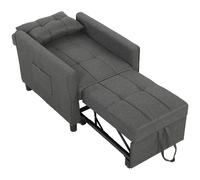 HOMCOM Sillón Cama Individual 3 en 1 en Tejido Efecto Lino y Madera con Respaldo Reclinable, Cojín, Bolsillos, Gris