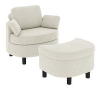 HOMCOM Sillón con puf de almacenamiento, tapizado de pana, sillón de lectura envolvente con reposacabezas regulable, asiento ancho, Blanco crema