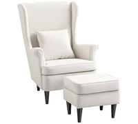 HOMCOM Sillón con Reposapiés Sillón Lectura con Respaldo Alto Beige | Capitoné, Patas de Madera, Almohada Acolchada, Tapizado en Lino, Butaca para Salón Dormitorio Oficina