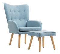 HOMCOM Sillón con Reposapiés Sillón Lectura con Respaldo Alto Capitoné Patas de Madera y Tapizado en Lino Azul Claro