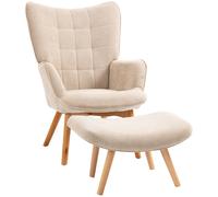 HOMCOM Sillón de orejas con taburete, sillón relax, sillón tapizado enAspecto de pana, sillón, sillón con patas de madera, sillón de televisión para sala de estar Beige