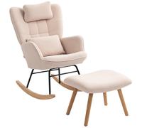 HOMCOM Sillón mecedora con reposapiés, cubierta de felpa suave, patas de madera, cojines, respaldo alto, sillón mecedor, Beige