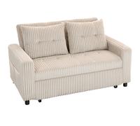 HOMCOM Sofá cama 2 plazas, tapizado de pana, convertible en cama, 2 cojines, bolsillos laterales, 157 x 190 cm, blanco crema