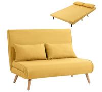 HOMCOM Sofá Cama de 2 Plazas Plegable 3 en 1 Tapizado en Lino Amarillo | Sofá Cama, Respaldo Ajustable 5 Posiciones, 2 Almohadas, para Dormitorio, Salón