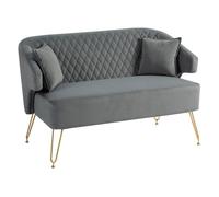 Homcom sofá de 2 plazas tapizado en terciopelo sofá de salón con 2 almohadas reposabrazos y patas de acero doradas sofá pequeño carga 240 kg para dormitorio oficina 124x69x76 cm gris