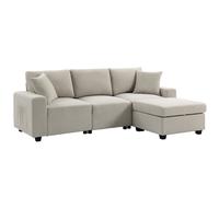 HOMCOM Sofá esquinero 3 plazas en tejido efecto lino con compartimento pouf extraíble, 2 cojines, Beige