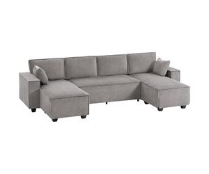 HOMCOM Sofá esquinero con doble chaise longue, sofá en U de pana con asiento amplio y profundo, cojines con muelles, gris claro