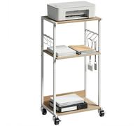 HOMCOM Soporte para Impresora de 3 Niveles con Ruedas, Mueble para Impresora con Ganchos y Marco Metálico, Estantería Multiusos para Oficina, Casa, Escuela, Madera Natural