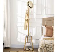 HOMCOM Soporte para zapatos 2 en 1, mueble de entrada con 5 ganchos y 2 estantes, diseño contemporáneo, acogedor, 39,5x39,5 cm, bambú macizo, para bebidas