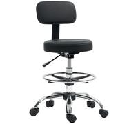 HOMCOM Taburete Giratorio, Taburete con Ruedas y Respaldo, Reposapiés, Altura Ajustable, Tapizado en Cuero Sintético, para Oficina, Dormitorio, Negro