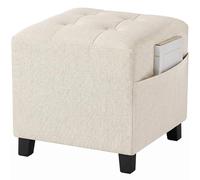 HOMCOM Taburete cuadrado pequeño otomano con bolsillo lateral, reposapiés de tela de aspecto de lino con patas de madera de goma y asiento acolchado para sala de estar, dormitorio, entrada, 35 x 35 x