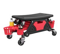 HOMCOM Taburete de Taller Giratorio con Ruedas Altura Ajustable Asiento Taburete para Mecánico con 2 Bandejas para Herramientas Portavasos Cajón Carga 135 kg para Garaje Reparación de Automóviles Rojo