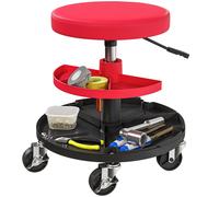 HOMCOM Taburete de Taller Giratorio con Ruedas Altura Ajustable de 40-51 cm Asiento Taburete para Mecánico con 2 Bandejas para Herramientas Carga 135 kg para Garaje Reparación de Automóviles Rojo
