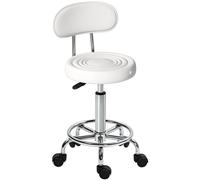 HOMCOM Taburete Giratorio con Respaldo y Ruedas Silla Ajustable para Salón de Belleza Estudio de Tatuajes 32x40x70-86cm Blanco Marfil