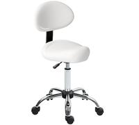 HOMCOM Taburete Giratorio con Ruedas y Respaldo Extraíble, Taburete de Trabajo con Altura Regulable 83-98 cm, Asiento Tapizado de Cuero Sintético, Blanco White 50x50x98 cm