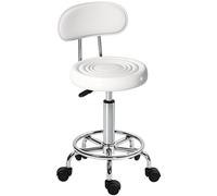 HOMCOM Taburete Giratorio con Ruedas y Respaldo Taburete de Trabajo con Altura Regulable 70-86 cm Asiento Tapizado de Cuero Sintético Blanco