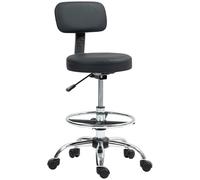 HOMCOM Taburete Giratorio, Taburete con Ruedas y Respaldo, Reposapiés, Altura Ajustable, Tapizado en Cuero Sintético, para Oficina, Dormitorio, Negro