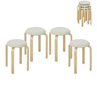 HOMCOM Taburetes acolchados, juego de 4, apilables, superficie lacada, patas de madera, Blanco crema