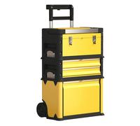 HOMCOM Tallar Móvil Apilable 3 en 1 Caja de Herramientas con Ruedas Carro de Herramientas de Acero con Bandeja Mango Telescópico Amarillo y Negro Yellow 52x32x72cm