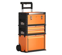 Homcom tallar móvil apilable 3 en 1 caja de herramientas con ruedas carro de herramientas de acero con bandeja mango telescópico naranja y negro 32 cm