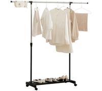 HOMCOM Tendedero Extensible con Ruedas Altura Ajustable Negro y Plata | Tendedero de Ropa, Barra de Acero Inoxidable, Estante para Zapatos, para Interior, Ancho 94-159 cm Alto 93-168 cm, Carga 15kg