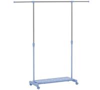 HOMCOM Tendedero Extensible con Ruedas con Barra de Acero Inoxidable y Estante para Zapatos 159x42x168 cm Azul y Plata