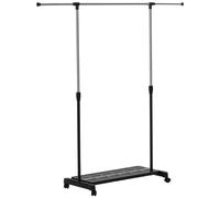 HOMCOM Tendedero Extensible con Ruedas con Barra de Acero Inoxidable y Estante para Zapatos 159x42x168 cm Negro y Plata