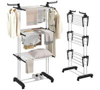 HOMCOM Tendedero de Ropa Plegable con Ruedas 3 Niveles con Alas Plegables y Colgadores 73x64x177 cm Negro y Blanco Aosom España