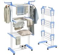 Homcom tendedero plegable para ropa con ruedas tendedero vertical de acero tipo torre de 3 niveles con alas plegables y colgadores giratorios carga 70 kg 73x64x172 cm azul y blanco 172 cm