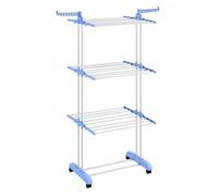 Homcom tendedero plegable para ropa con ruedas tendedero vertical de acero tipo torre de 3 niveles con alas plegables y colgadores giratorios carga 70 kg 73x64x172 cm azul y blanco