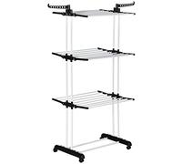 HOMCOM Tendedero Plegable para Ropa con Ruedas Tendedero Vertical de Acero Tipo Torre de 3 Niveles con Alas Plegables y Colgadores Giratorios Carga 70 kg 73x64x172 cm Negro y Blanco
