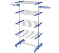 HOMCOM Tendedero Vertical de 4 Niveles con 6 Ruedas 2 Laterales Abatibles Estantes Ajustables y Marco de Acero Inoxidable Azul Aosom España