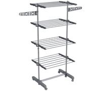 HOMCOM Tendedero Vertical de 4 Niveles con Ruedas 2 Laterales Abatibles Estantes Ajustables y Marco de Acero Gris y Plata