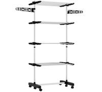 HOMCOM Tendedero Vertical de 4 Niveles con Ruedas 2 Laterales Abatibles Estantes Ajustables y Marco de Acero Negro y Plata