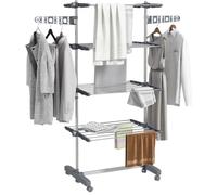 HOMCOM Tendedero Vertical Plegable de 4 Niveles con 6 Ruedas Gris y Plata | Tendedero de Ropa, 2 Laterales Abatibles, Estantes Ajustables, Marco de Acero Inoxidable, Interior y Exterior, 142x55x172 cm