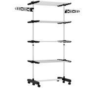 Homcom tendedero vertical plegable tendedero de ropa con 6 ruedas 2 laterales abatibles estantes ajustables y marco de acero inoxidable para interior y exterior negro y plata 142 cm